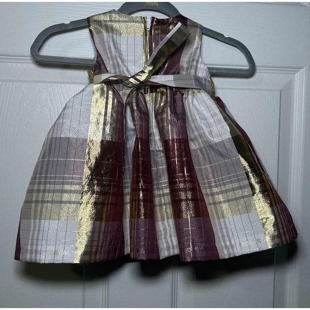 Bonnie Baby Girl’s Sleeveless Metallic Plaid Bow Dress Size 3-6 Months NWOT